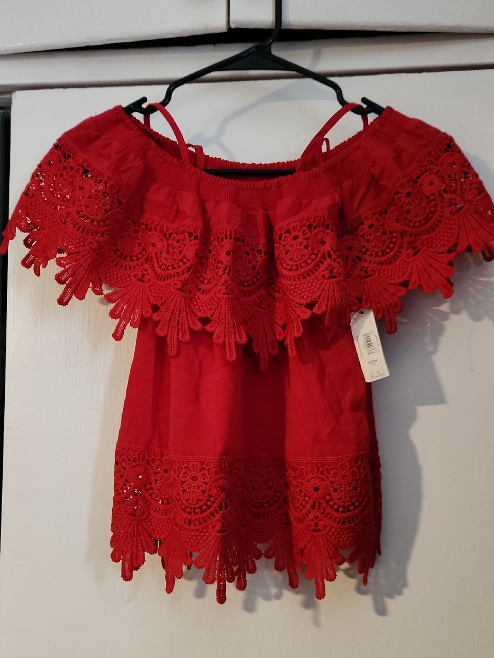 Red Off-Shoulder Lace Trim Women's Top